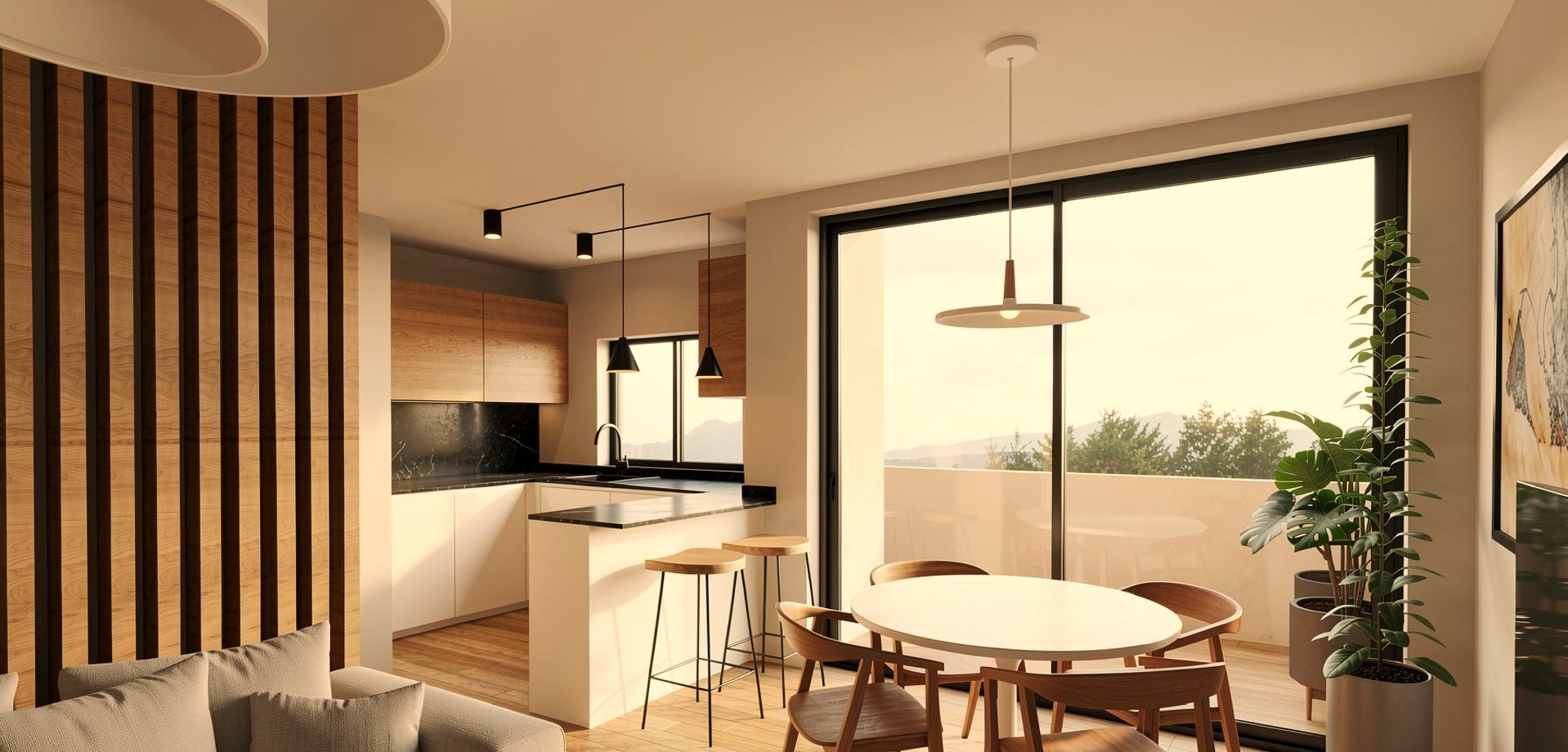 Render de salón comedor con cocina abierta y celosía de madera