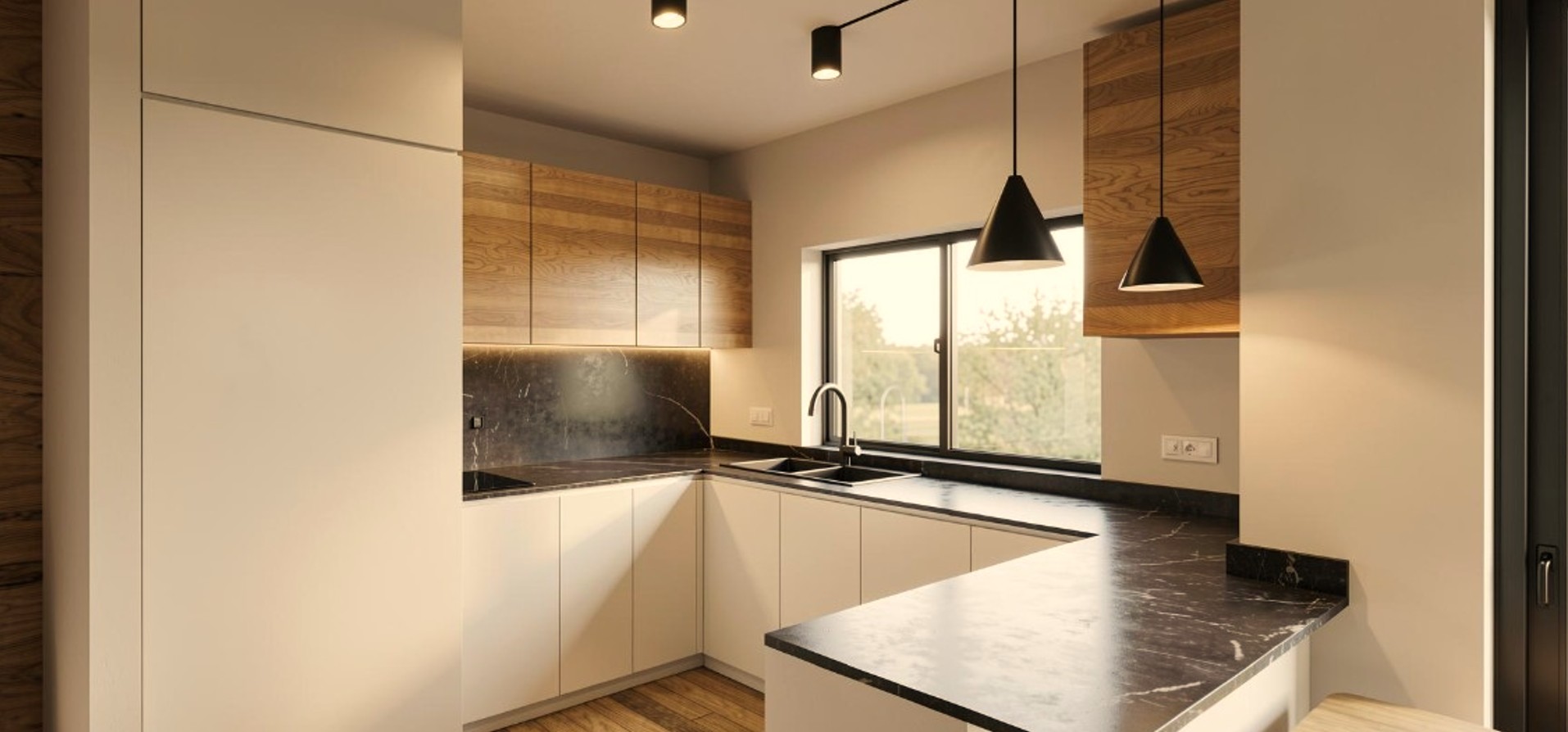 Render de cocina en U con encimera de mármol negro
