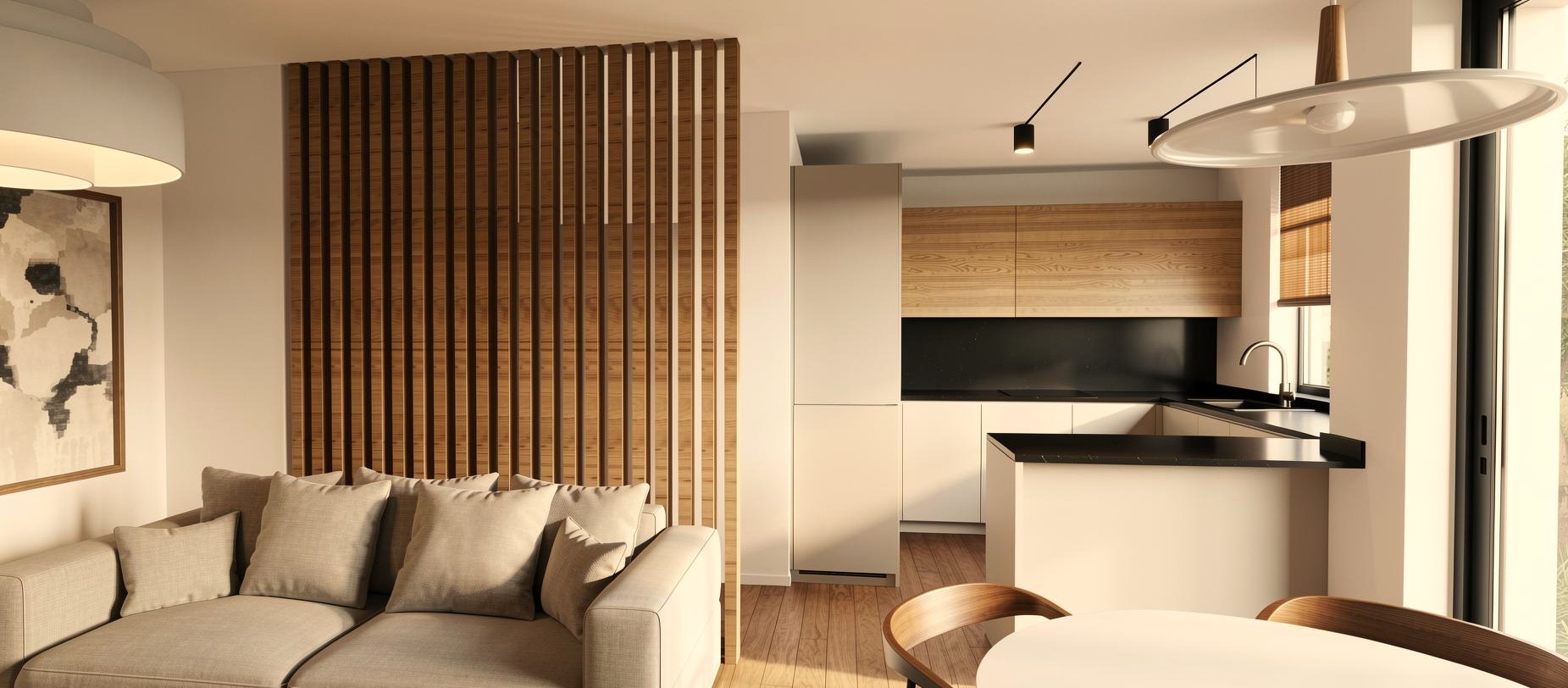 Render de salón con separador de lamas de madera y cocina al fondo