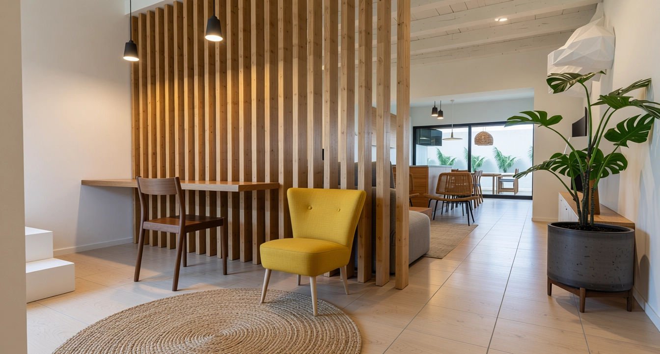 Render de recibidor con celosía de madera
