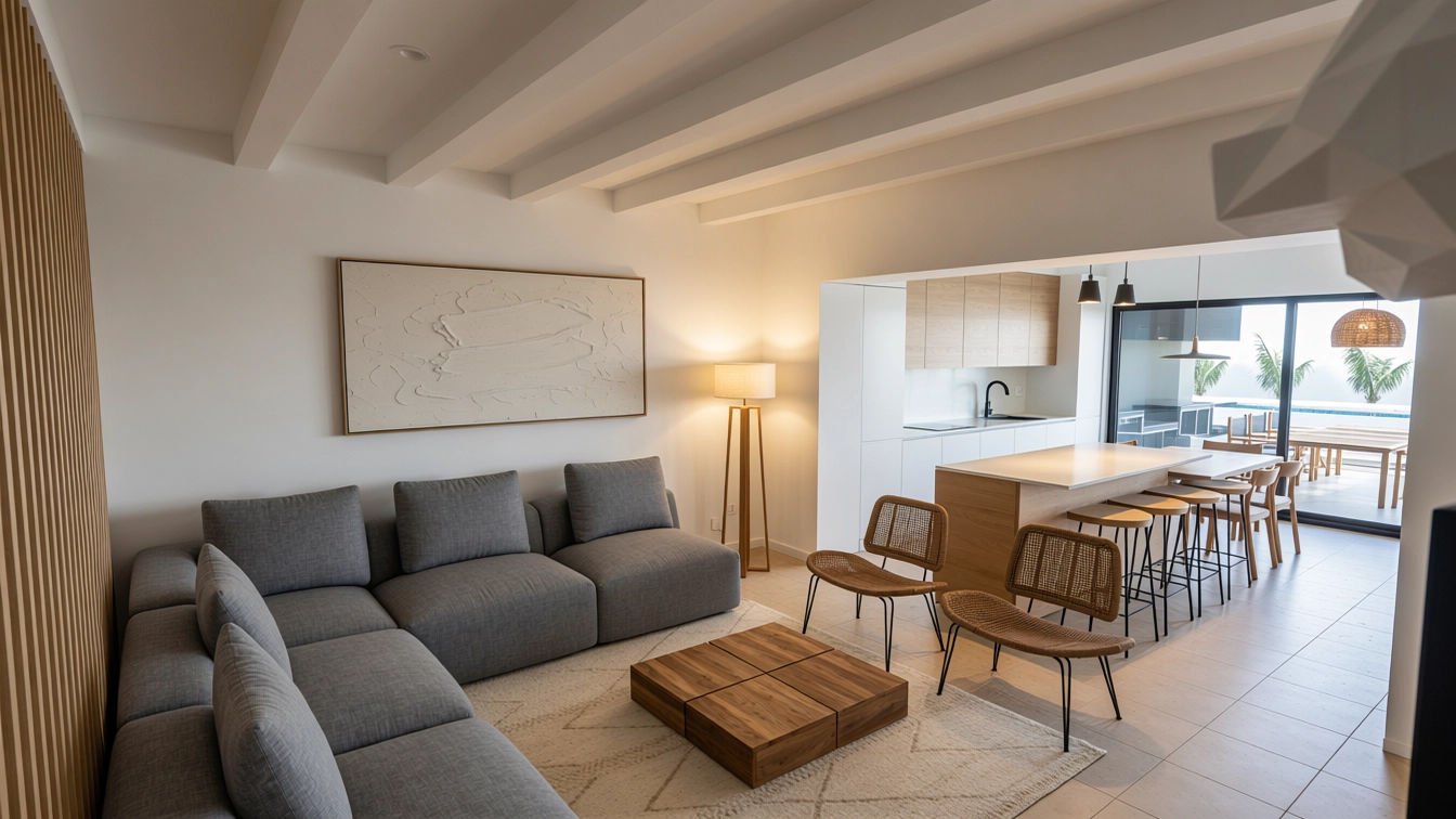 Render de salón comedor abierto a cocina