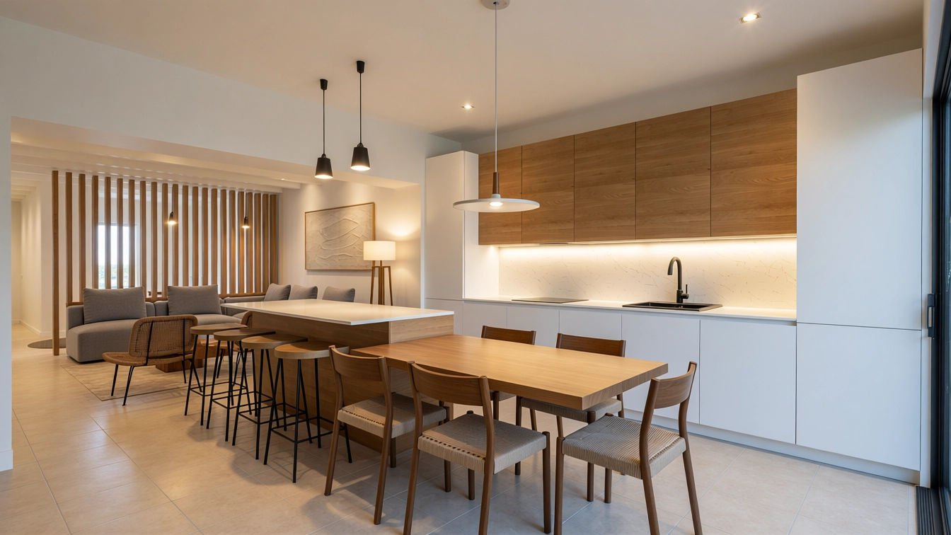 Render de cocina con isla y frentes de madera