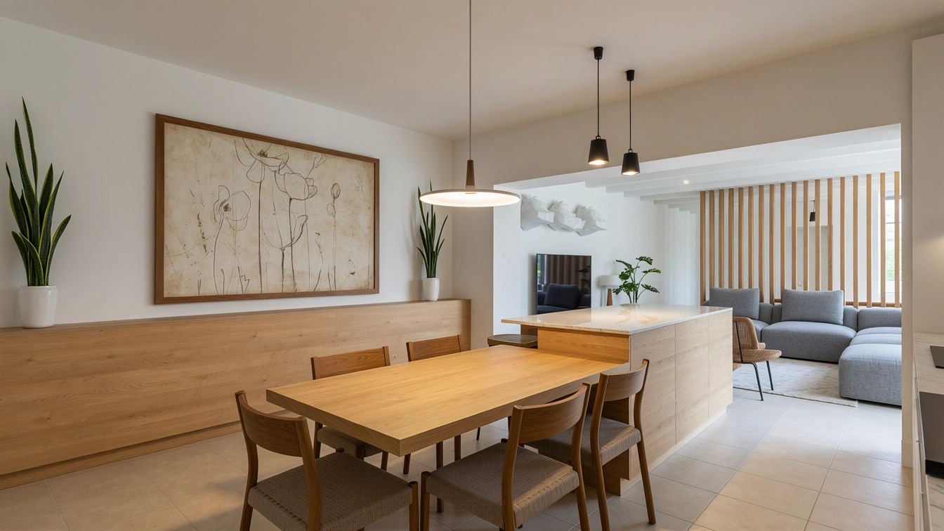 Render de zona de comedor junto a la cocina