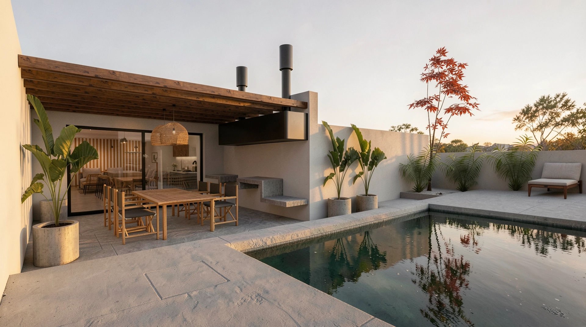 Render de porche exterior con piscina