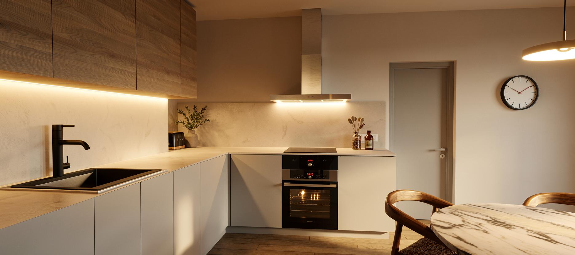 Render de cocina en L con iluminación LED