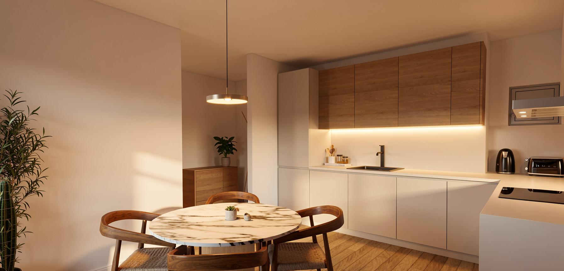 Render de cocina lineal con mesa redonda