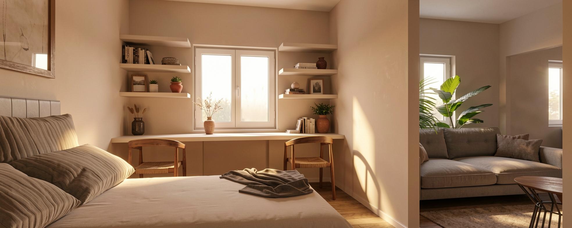 Render de habitación con escritorio y estanterías