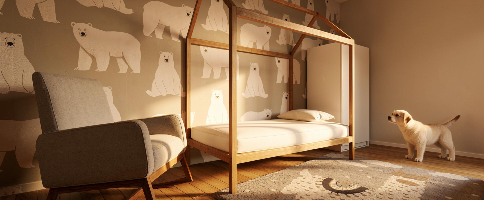 Render de habitación infantil con cama casita