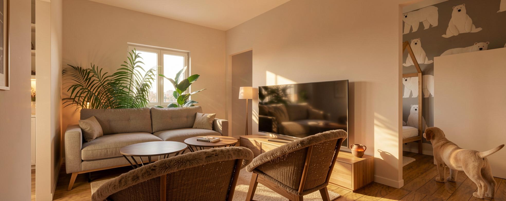 Render de salón con sofá y zona de TV