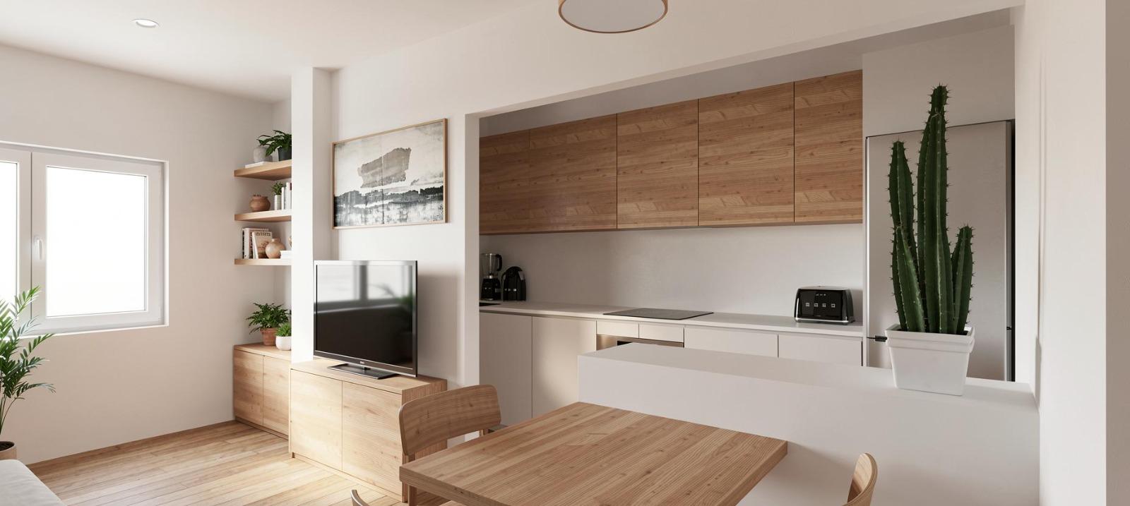 Render de salón comedor con cocina integrada
