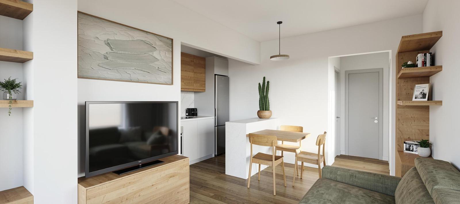 Render de salón con zona de TV y office