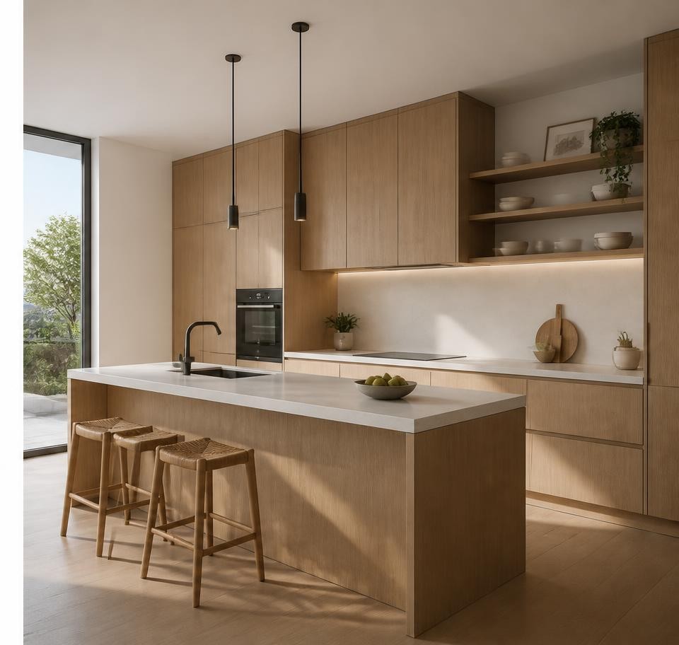 Render 3D de una cocina y salón reformados
