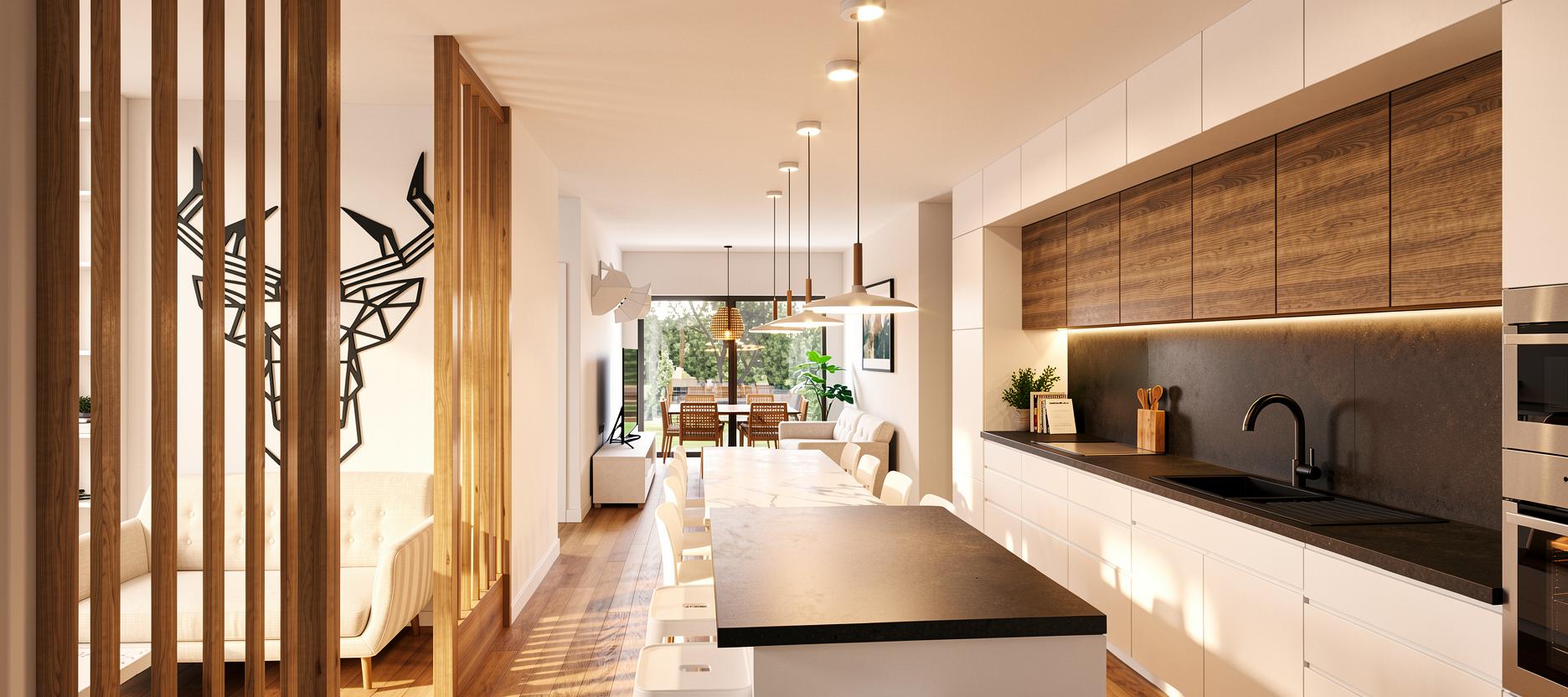 Render de cocina con isla y celosía de madera