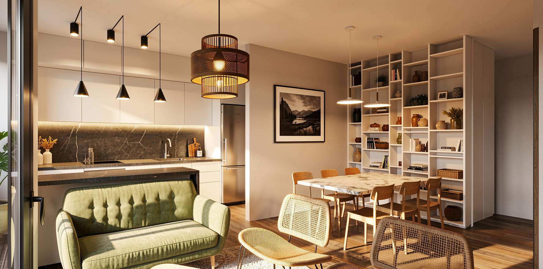 Render de comedor con librería y cocina abierta